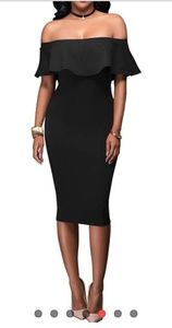 NWT. Privy Off the Shoulder Black Midi dress